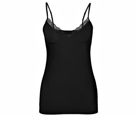 Maillot de corps noir avec dentelle sur fond blanc.