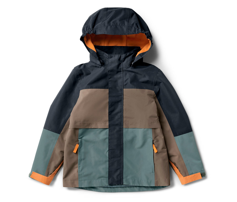 Une veste enfant tout temps en noir, marron et vert avec des détails orange.
