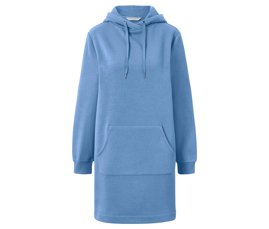 Robe sweat à capuche bleu clair avec poche kangourou.