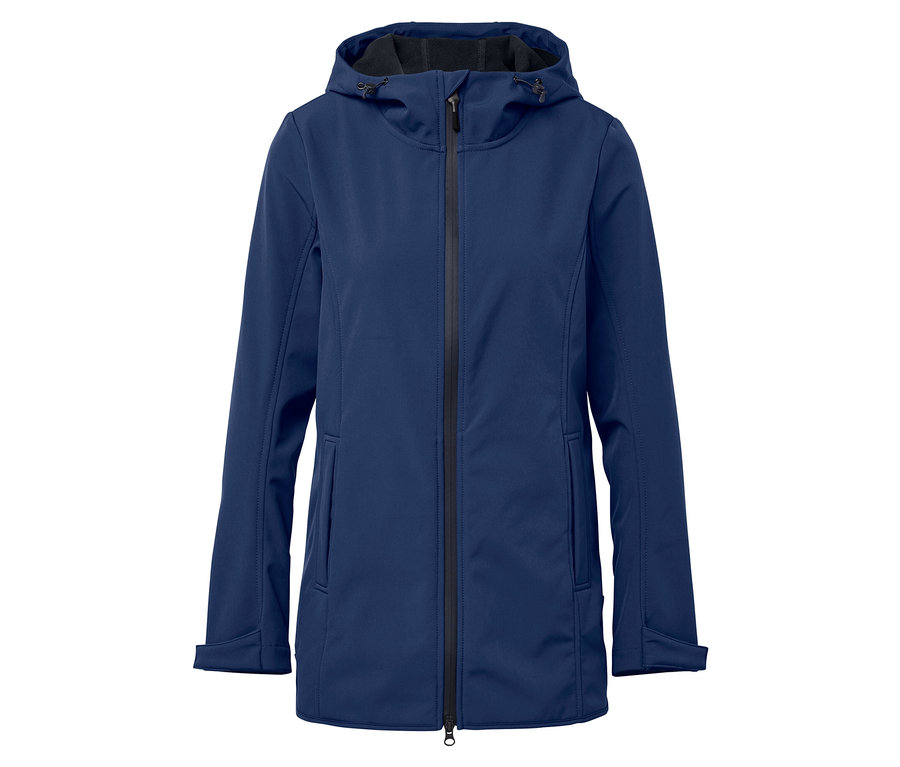 Veste softshell bleu marine avec capuche et fermeture éclair centrale.