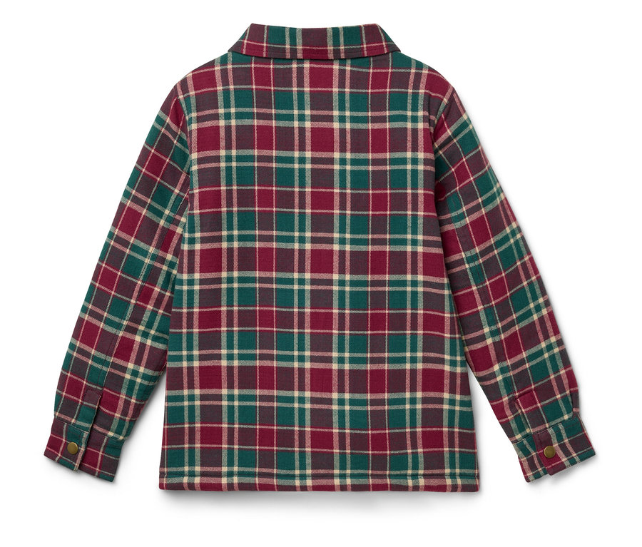 Vue détaillée du dos d'une chemise à manches longues avec un motif à carreaux vert, rouge et beige.