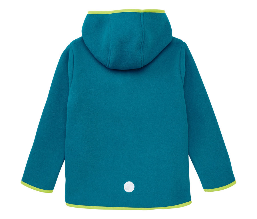 Vue arrière de la veste polaire douillette pétrole JAKO-O avec capuche et poignets vert clair.