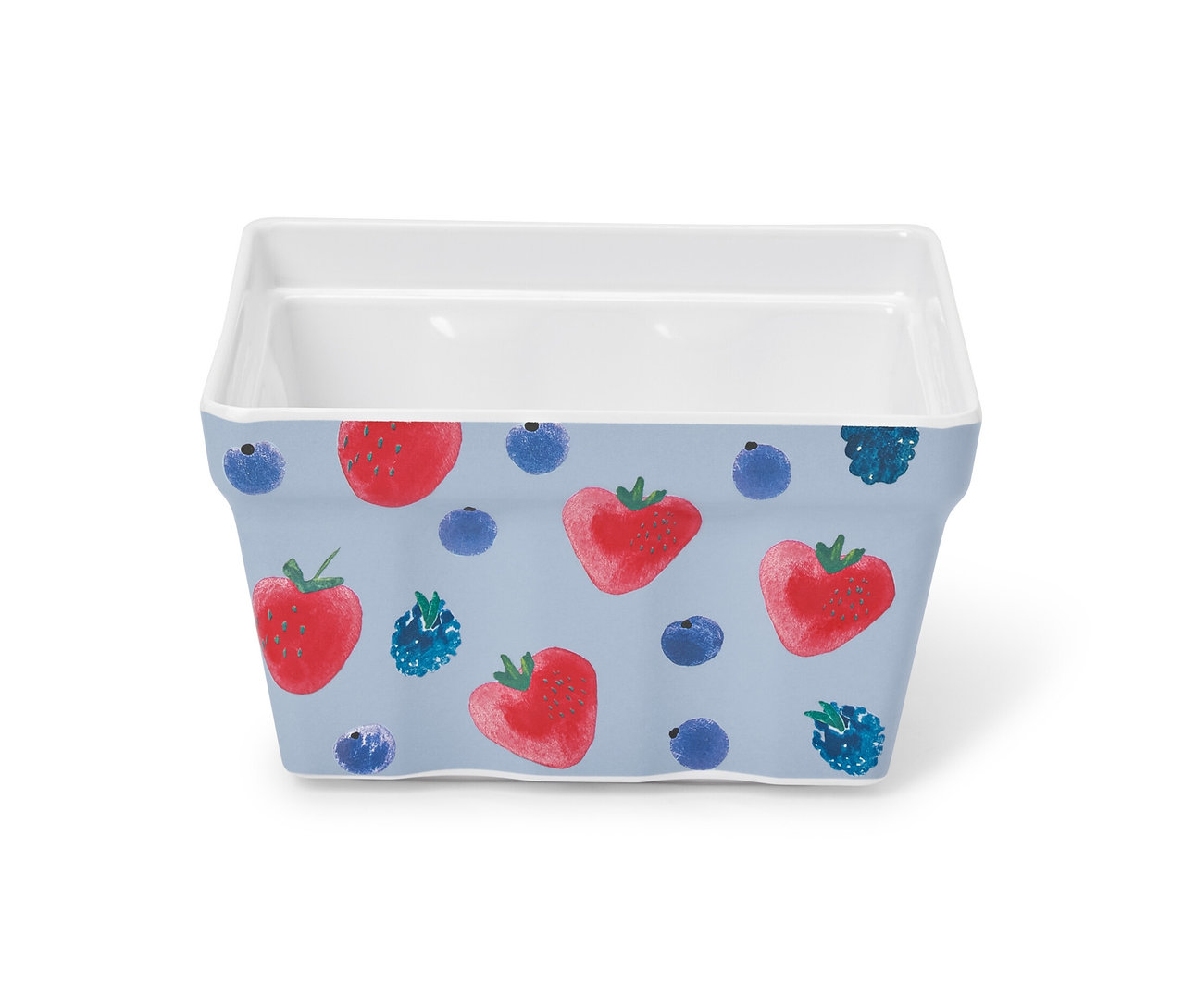 Bac à fraises blanc avec motif de fraises et de myrtilles.