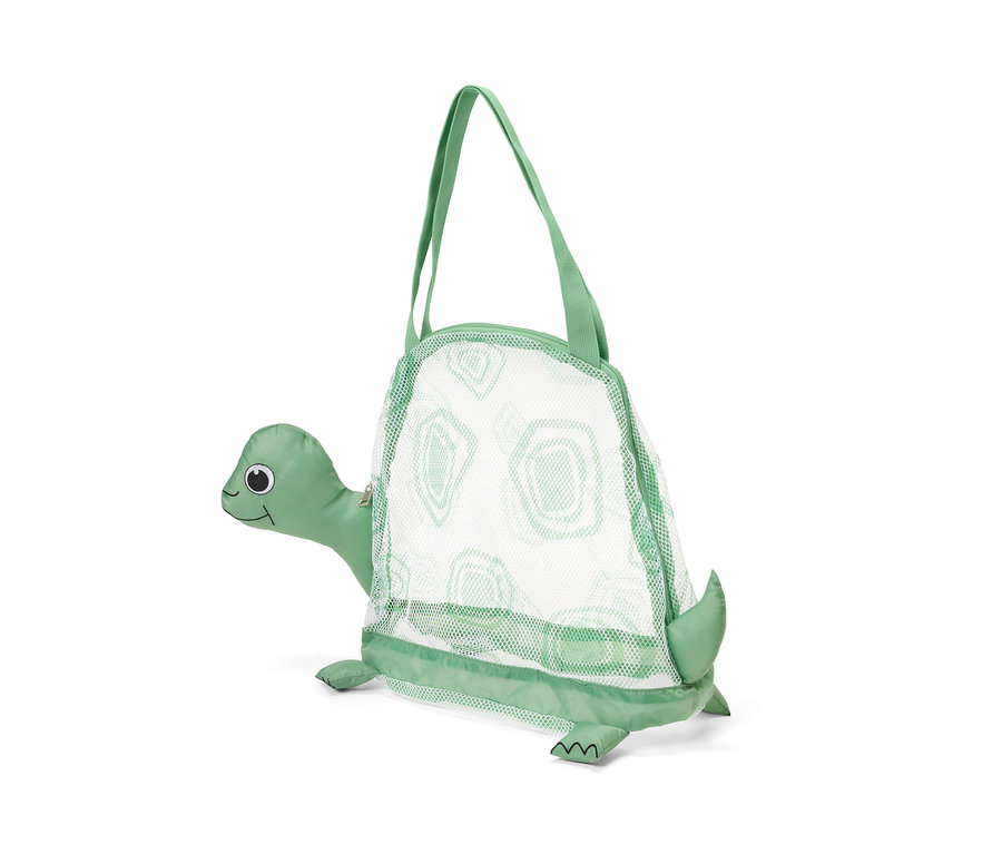 Sac en filet vert en forme de tortue pour jouets de plage avec poignées.