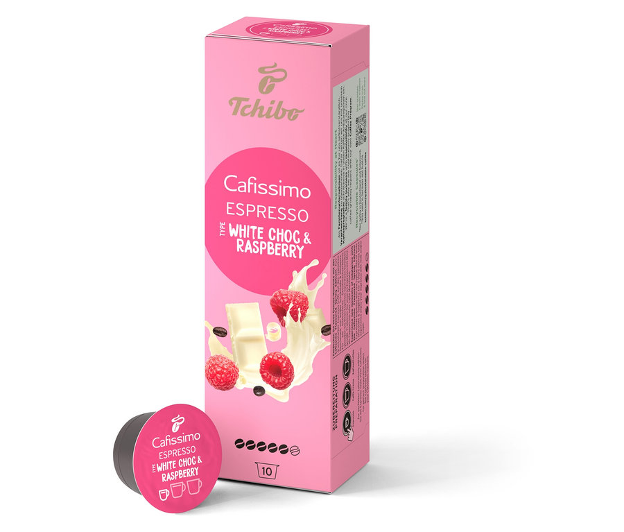 Un paquet de 10 capsules Cafissimo Flavoured Espresso – White Choc & Raspberry. Une capsule individuelle est posée à côté du paquet.