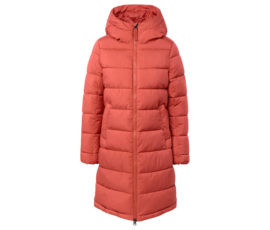 Doudoune orange avec capuche et fermeture éclair au centre.