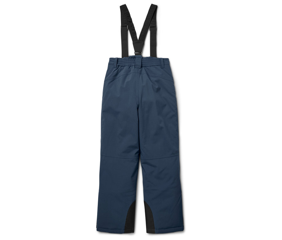 Pantalon de ski bleu marine avec bretelles noires sur fond blanc.