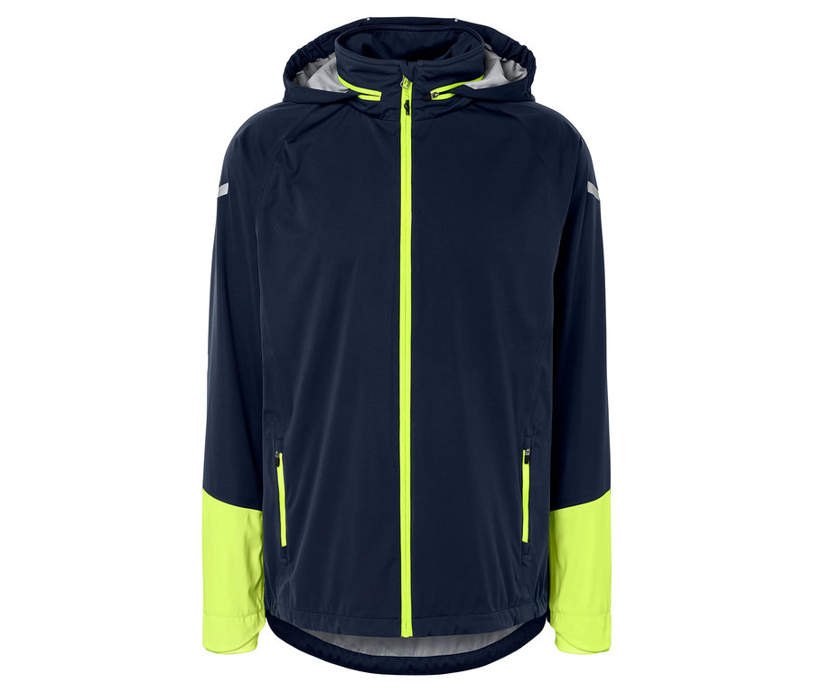 Veste bleu foncé avec détails jaunes et capuche.