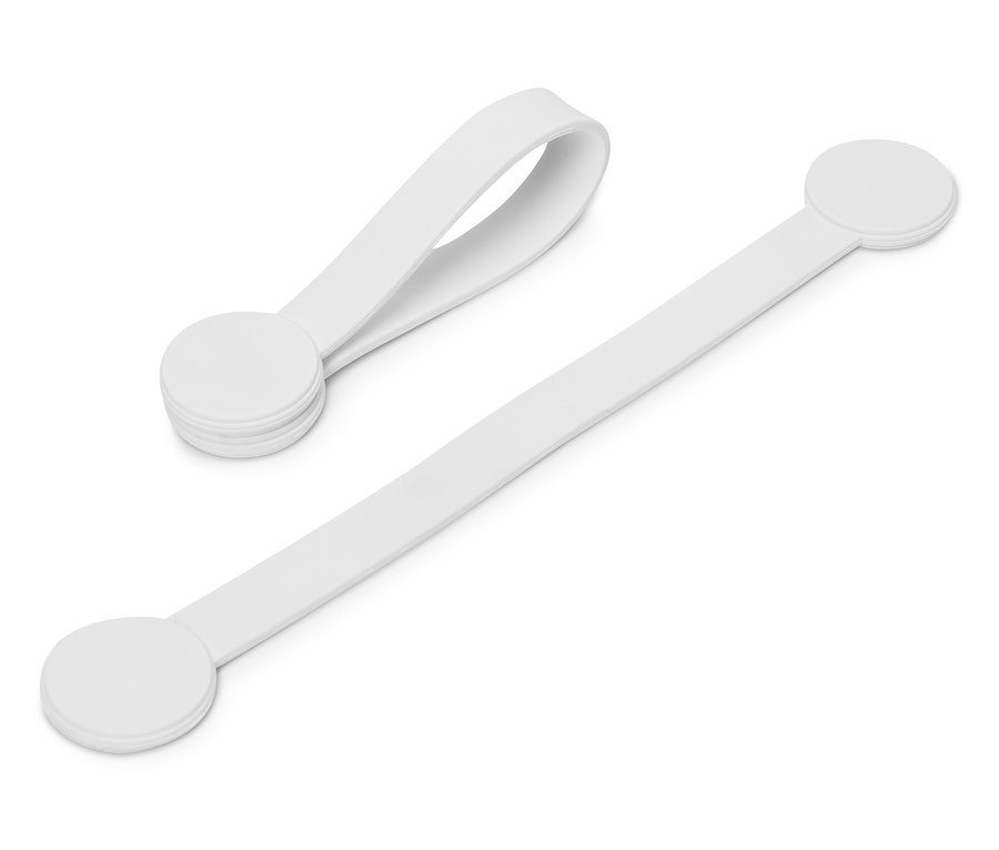 Deux bandes élastiques blanches avec des extrémités rondes sur fond blanc.