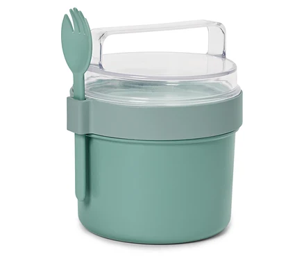 Un récipient alimentaire vert avec une fourchette attachée sur le côté.