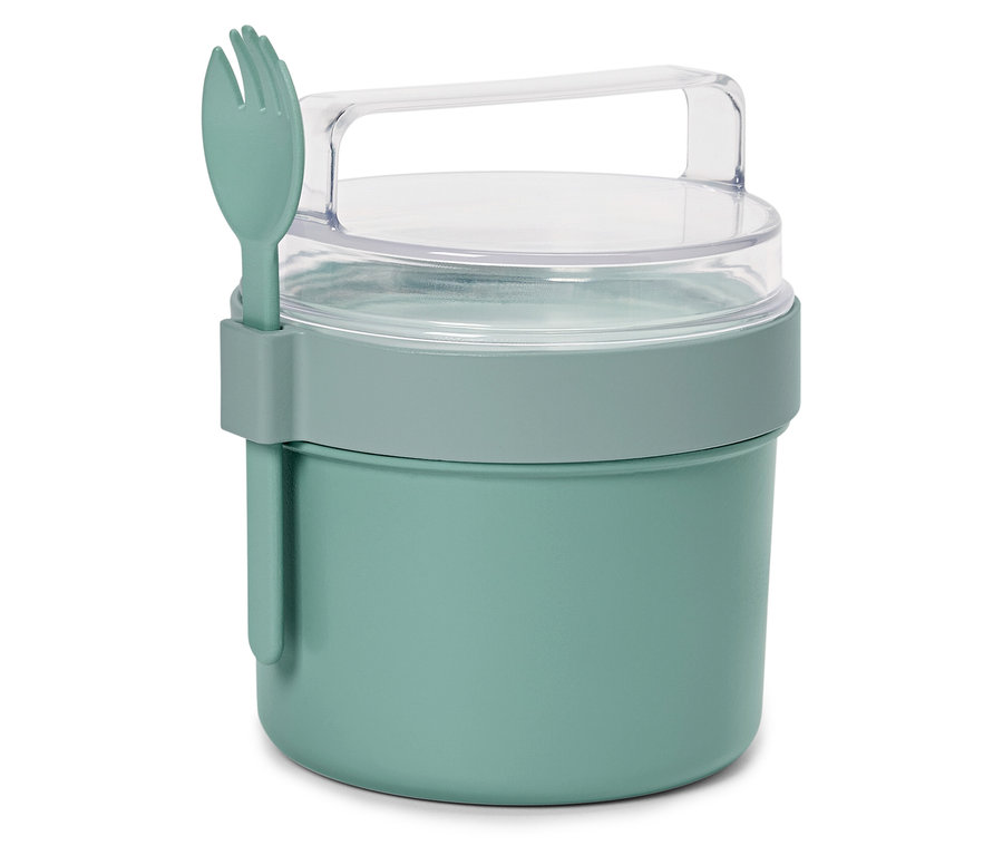 Un récipient alimentaire vert avec une fourchette attachée sur le côté.