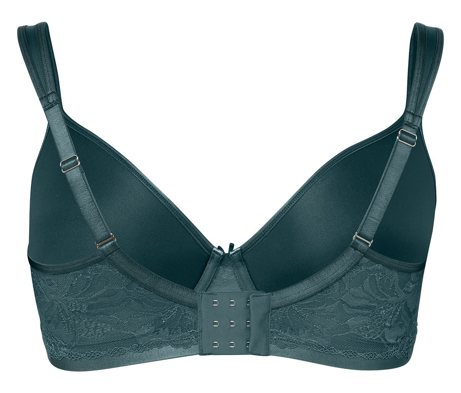Détail du dos d'un soutien-gorge vert foncé avec des détails en dentelle et une fermeture à agrafes.