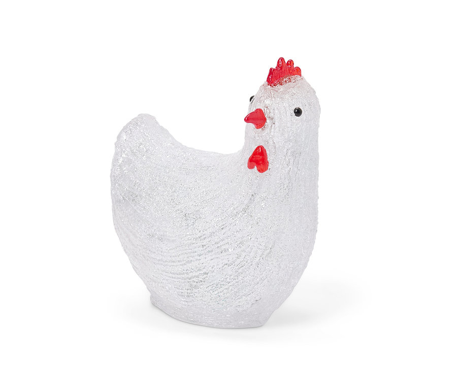 Gros plan d'une poule solaire à LED pour l'extérieur, blanche avec une crête rouge.