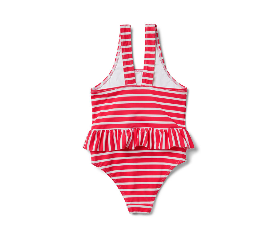 Vue arrière d'un maillot de bain pour enfant à rayures horizontales rouges et blanches et à bretelles rouges.