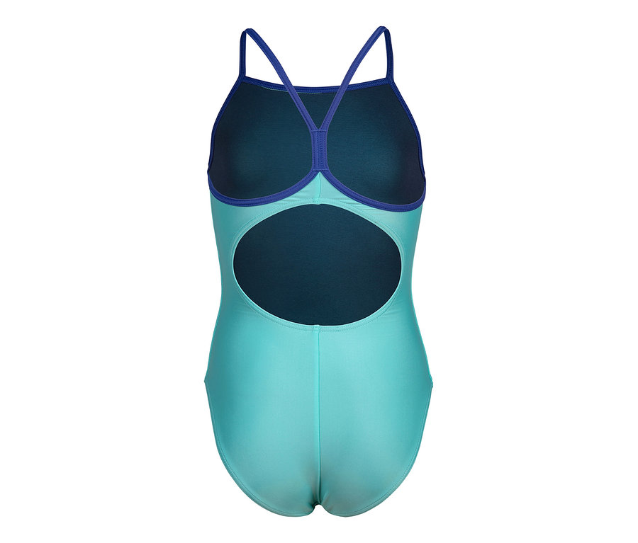 Vue arrière d'un maillot de bain une pièce bleu clair avec des bretelles bleu foncé.