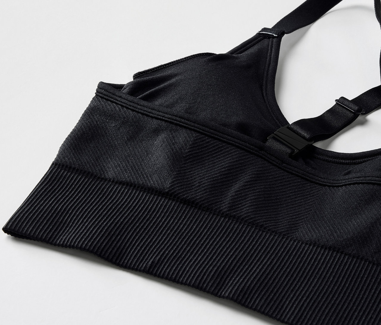 Gros plan sur un soutien-gorge de sport noir avec des bretelles réglables et un ourlet côtelé.