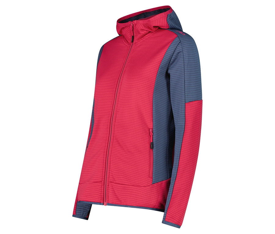 Veste à capuche rouge avec des manches et une capuche gris-bleu.