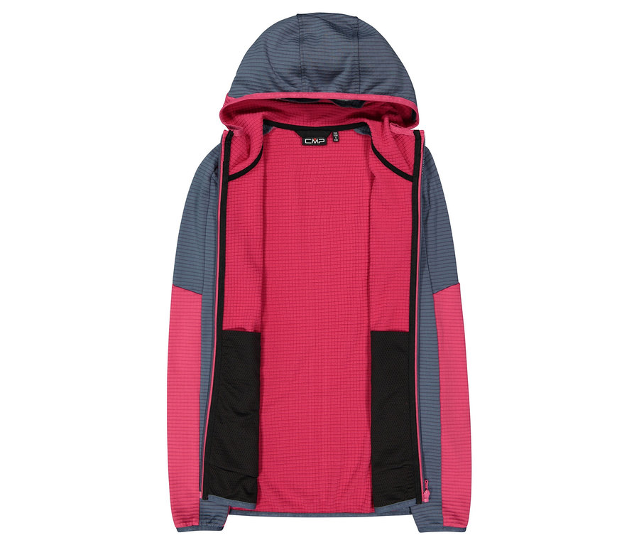 Veste à capuche ouverte grise et rose avec poches noires.