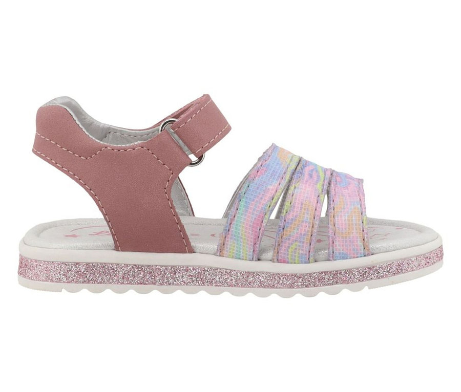 Sandale pour fille LURCHI « Cimbaly 2 » avec une bride de cheville rose à scratch, des brides avant pastel multicolores et une semelle blanche avec un bord rose pailleté.
