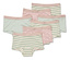 Sept culottes pour enfants empilées, avec différents motifs comme des rayures, des étoiles et des couleurs unies en rose, vert et blanc.