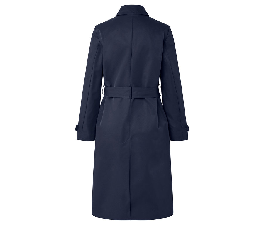 Vue arrière d'un trench-coat bleu marine avec ceinture.