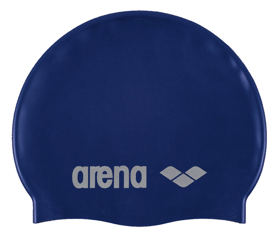Un bonnet de bain bleu marine de la marque Arena est posé sur un fond blanc.