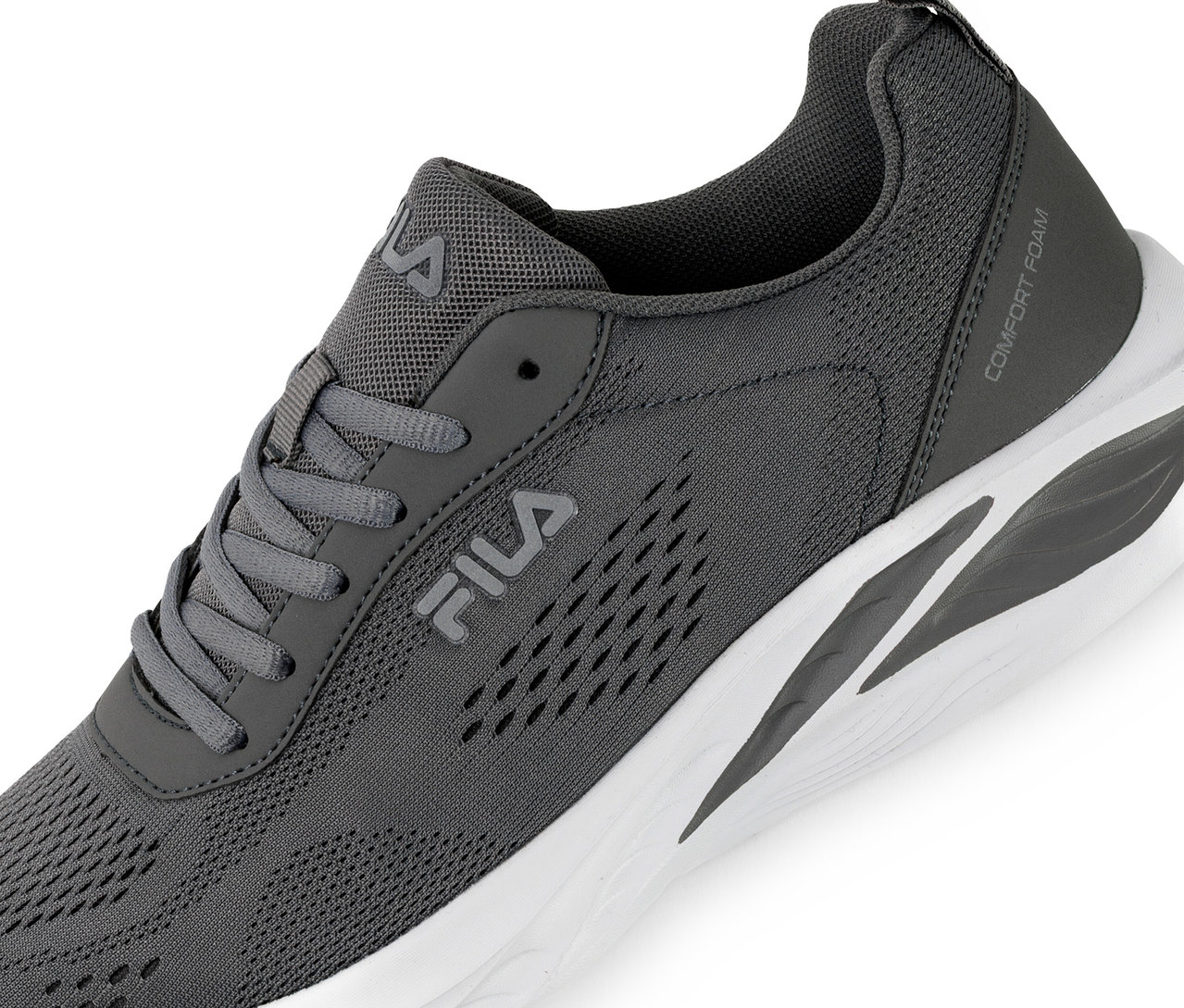 Gros plan d'une basket pour homme FILA Specctris en couleur castlerock avec une semelle blanche.