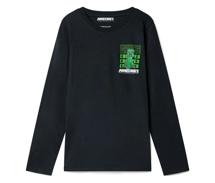 T-shirt noir à manches longues avec le motif Minecraft Creeper sur la poitrine.