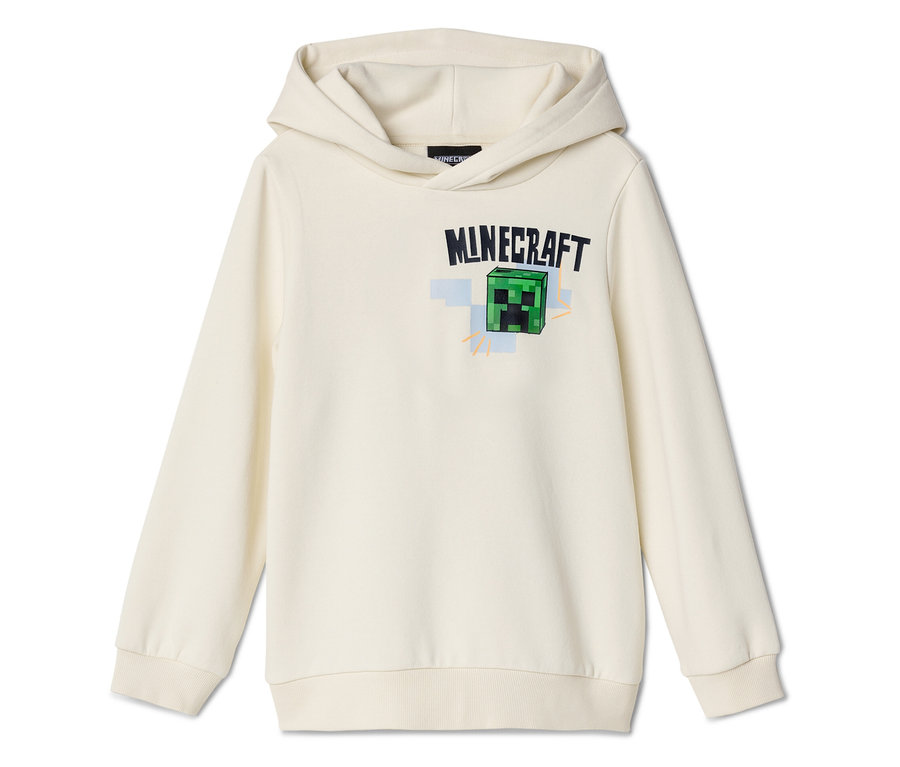 Un sweat à capuche crème avec le logo Minecraft et un visage de Creeper vert sur la poitrine.