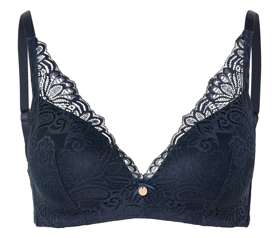 Soutien-gorge bleu à coques souples avec dentelle et bretelles réglables sur fond blanc.