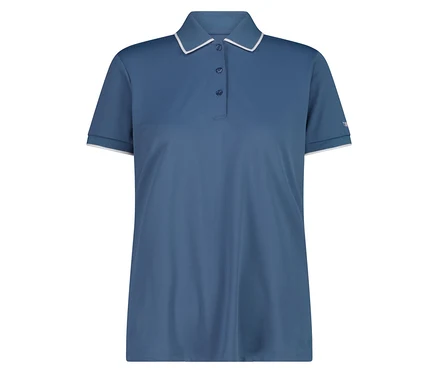 Polo bleu avec col et poignets blancs.