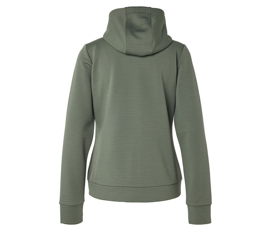 Vue arrière d'un sweat à capuche vert olive à texture gaufrée.