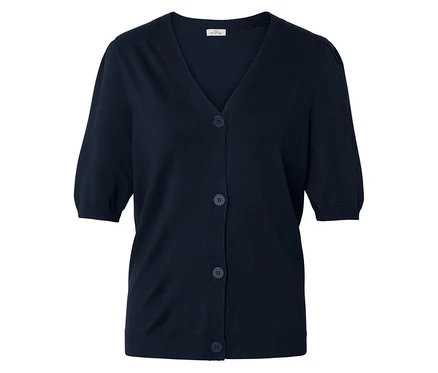 Gilet marine à manches courtes, col en V et cinq boutons.