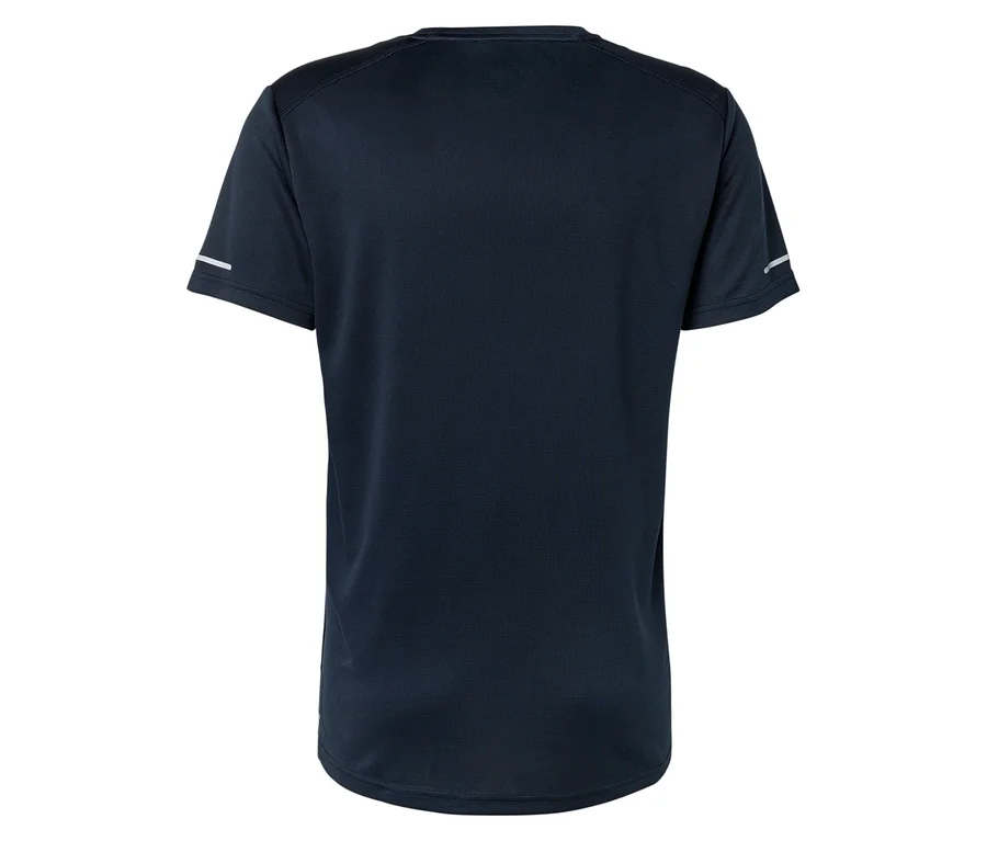 T-shirt bleu marine vu de dos avec une bande réfléchissante sur la manche.