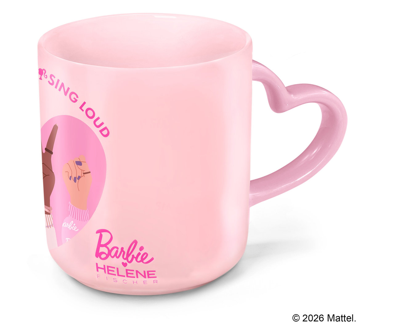 Tasse rose Barbie avec une anse en forme de cœur et l'inscription "Sing Loud".