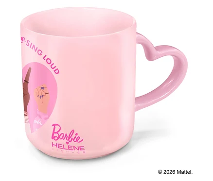 Tasse rose Barbie avec une anse en forme de cœur et l'inscription "Sing Loud".