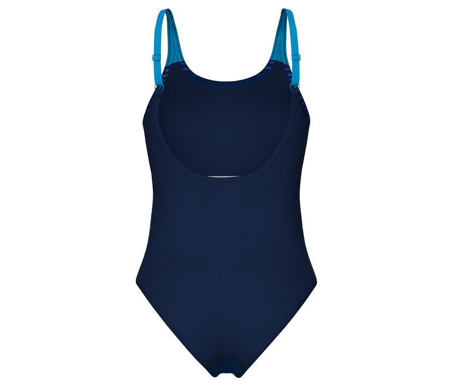 Vue arrière d'un maillot de bain bleu marine avec des bretelles turquoise.