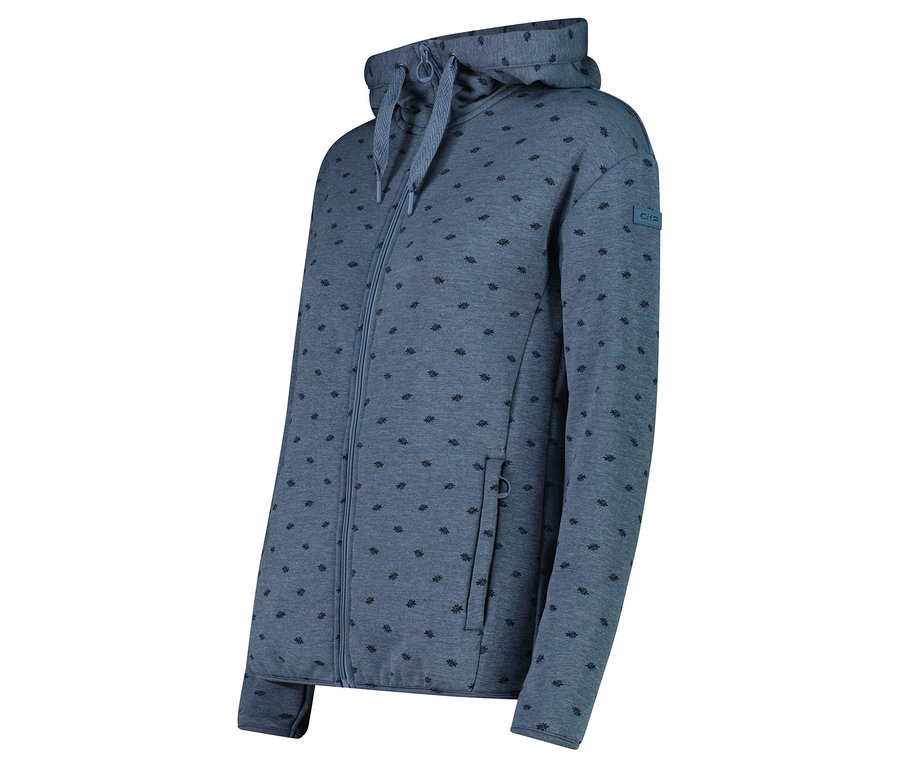 Une veste polaire CMP bleu marine à capuche avec fermeture éclair intégrale et un motif floral foncé sur l'ensemble.