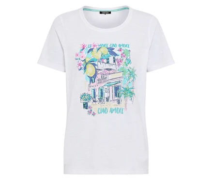T-shirt blanc avec imprimé d'une maison avec des citrons et des palmiers.
