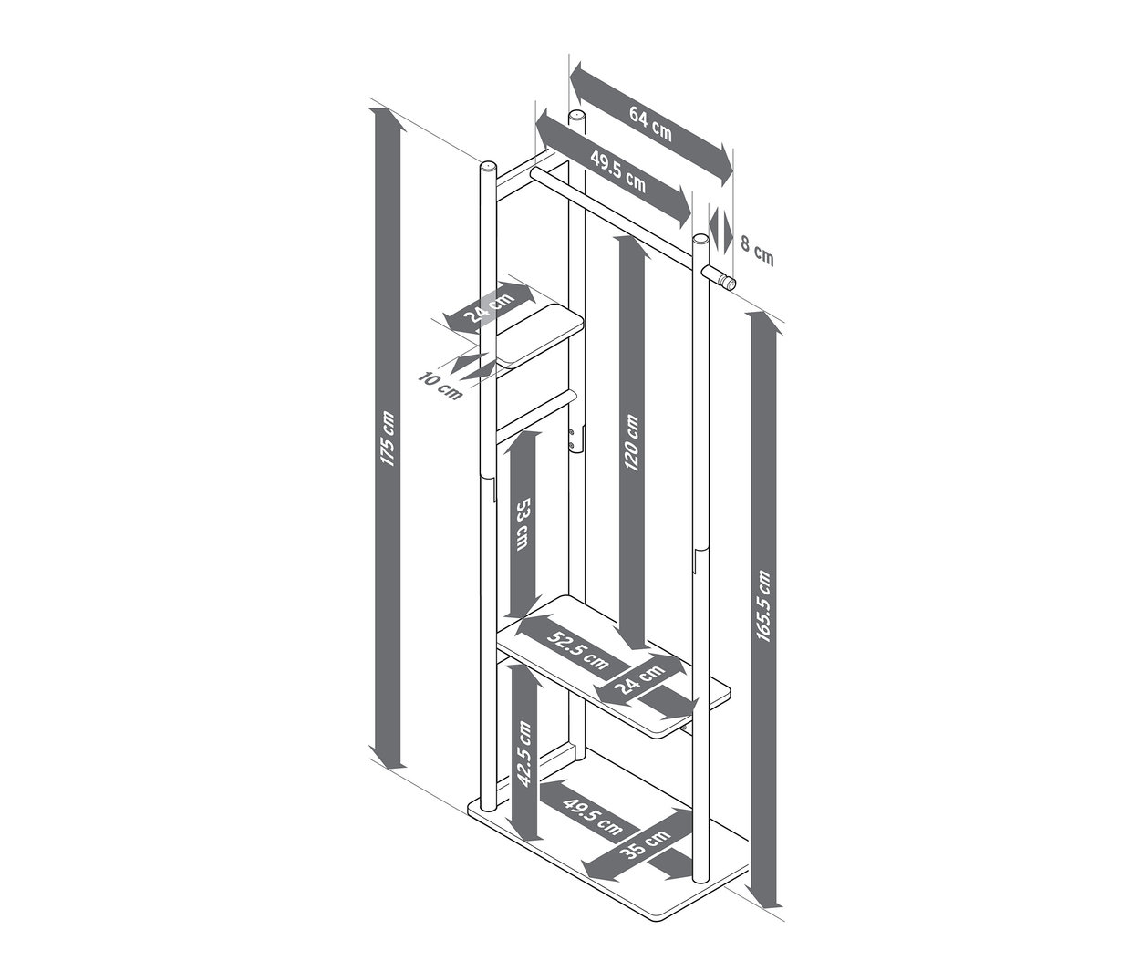 Schéma détaillé d'un porte-manteau avec tablette, avec les dimensions indiquées.