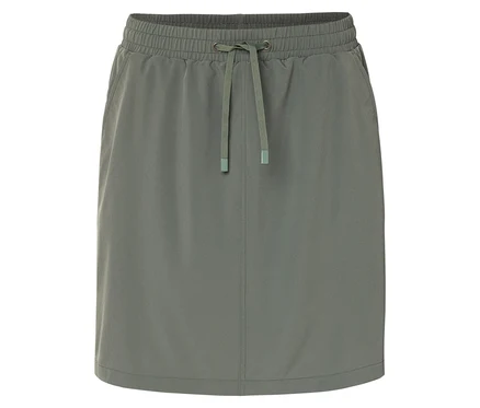 Une jupe vert olive avec une ceinture à cordon et des poches.