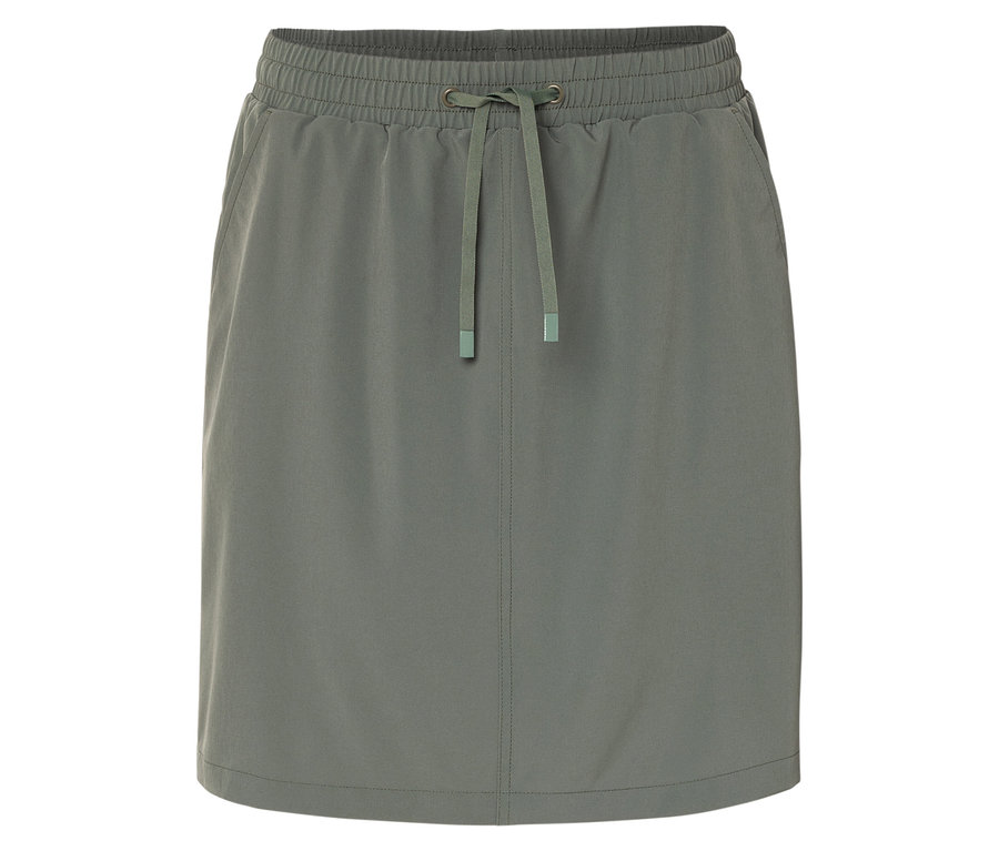 Une jupe vert olive avec une ceinture à cordon et des poches.