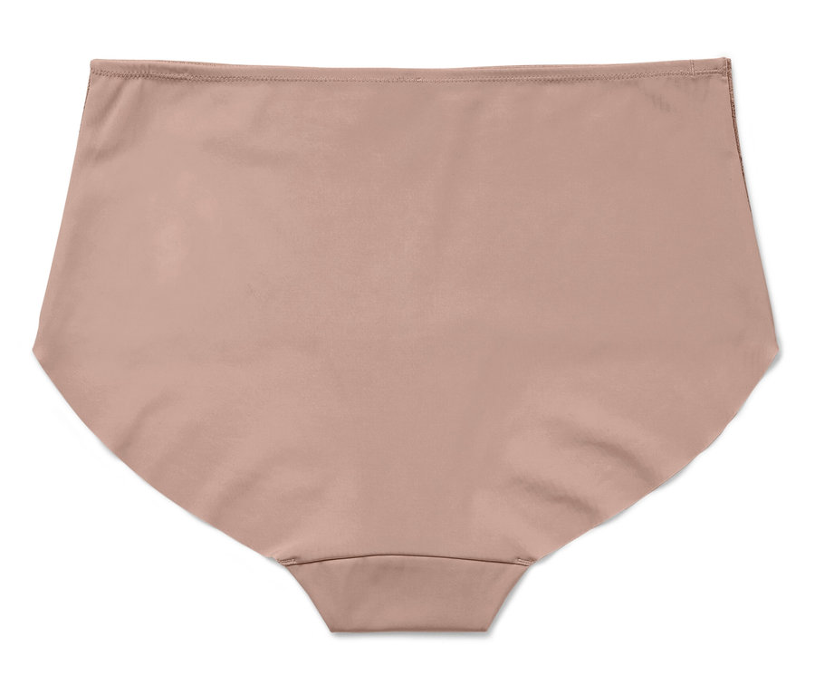 Un slip taille haute couleur chair pour femme est posé sur un fond blanc.