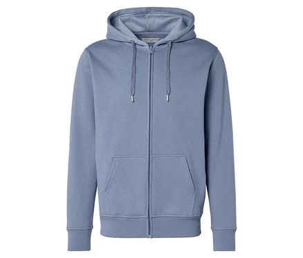 Sweat à capuche bleu clair avec fermeture éclair et poche kangourou.