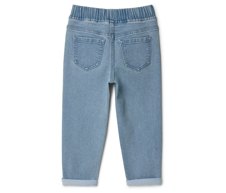 Vue arrière d'un jean bleu clair avec une taille élastique et des ourlets retroussés.