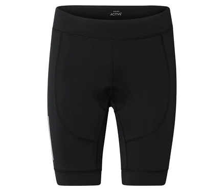 Short de cyclisme noir arrivant au genou, légèrement rembourré au centre à l'avant, avec une bande réfléchissante sur la jambe gauche.