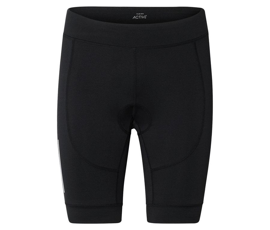 Short de cyclisme noir arrivant au genou, légèrement rembourré au centre à l'avant, avec une bande réfléchissante sur la jambe gauche.