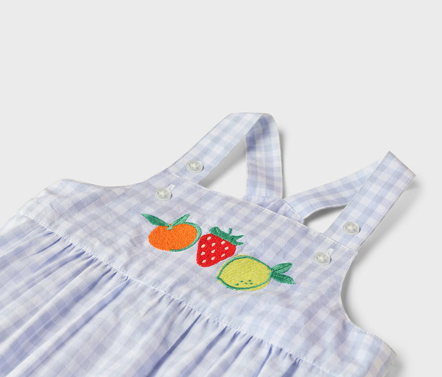 Gros plan d'une robe à carreaux bleu et blanc avec des broderies de fruits orange, rouges et jaunes.