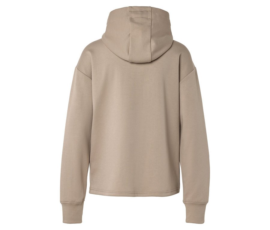 Vue arrière d'un sweat à capuche beige à manches longues.