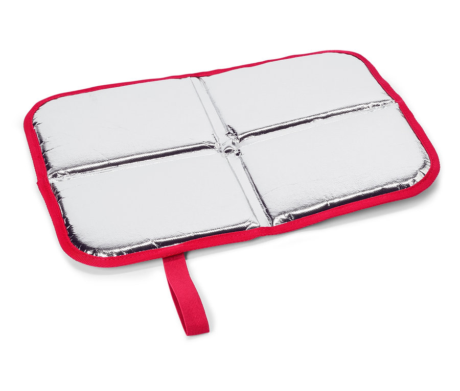 Couverture de pique-nique rectangulaire argentée avec bordure rouge et poignée de transport.